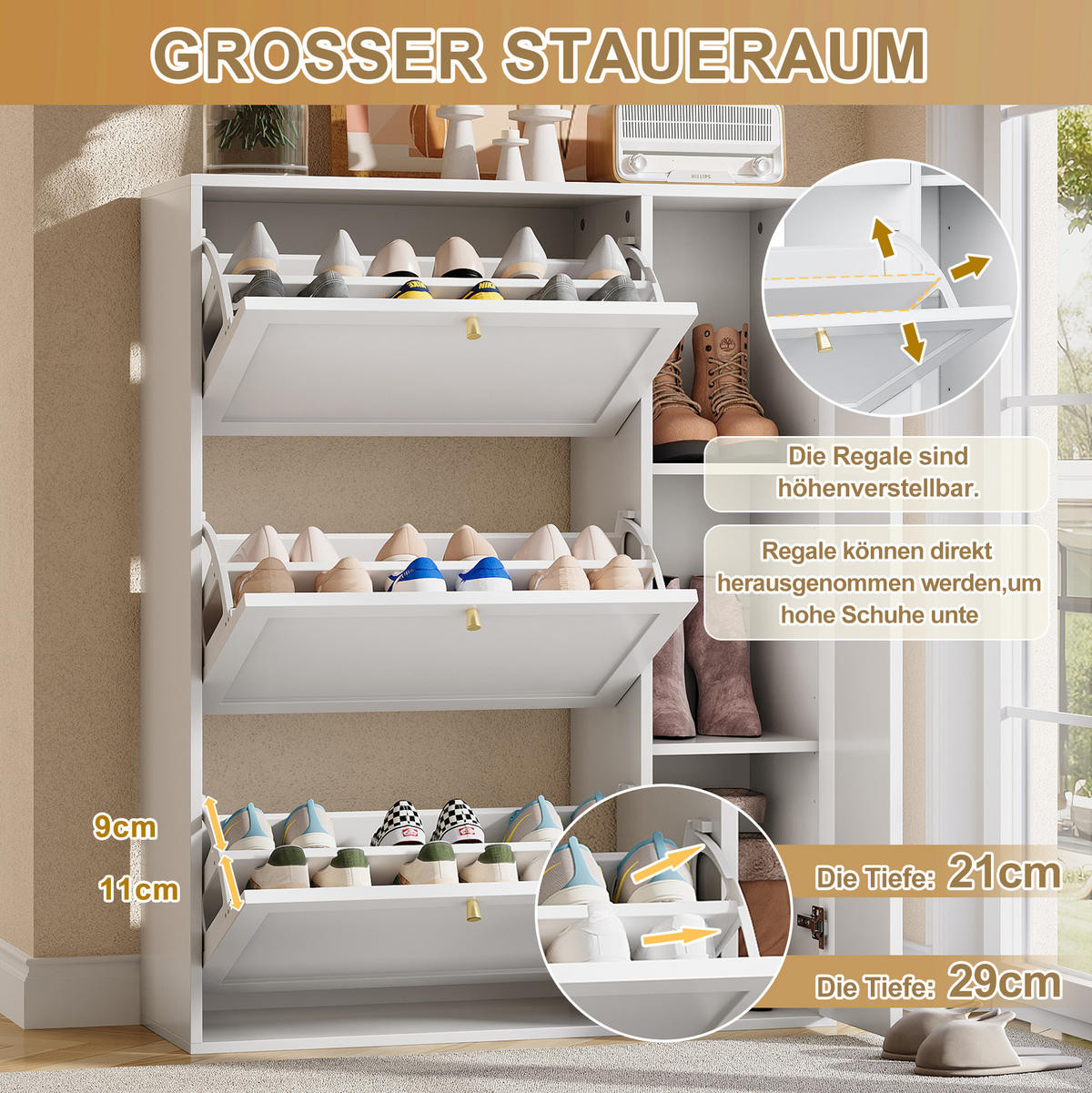 SCHUHSCHRANK 90/114/25 cm Weiß aus MDF und Spanplatte mit 3 Klappen und 1 Tür - Weiß, Holzwerkstoff (90/114/25cm) - OKMYHOME