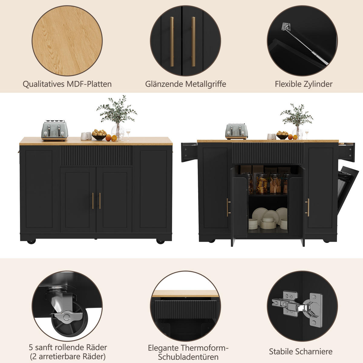 KÜCHENINSEL 120/50/92 cm schwarz aus MDF mit Rollen - Schwarz, Holzwerkstoff (120/92/50cm) - OKWISH