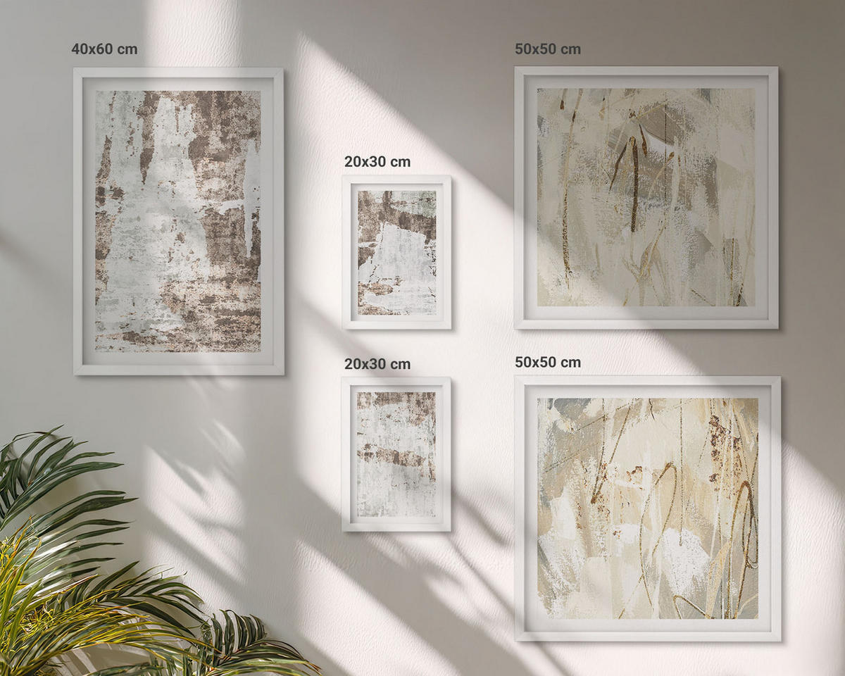 WANDBILDER 5er-Set - 50x50 cm & 20x30 cm & 40x60 cm Weißer Rahmen - Abstrakte Muster, weiß, braun - Weiß, Kunststoff (40/60cm) - ArtPrintCave