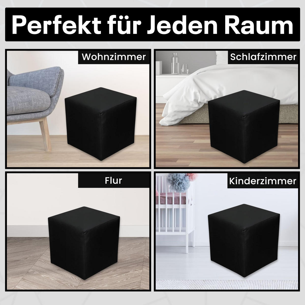 SITZWÜRFEL 40 x 40 x 40 cm Schwarz aus Kunstleder mit Holzwerkstoffrahmen - Schwarz, Leder (40/40/40cm) - Best For Home