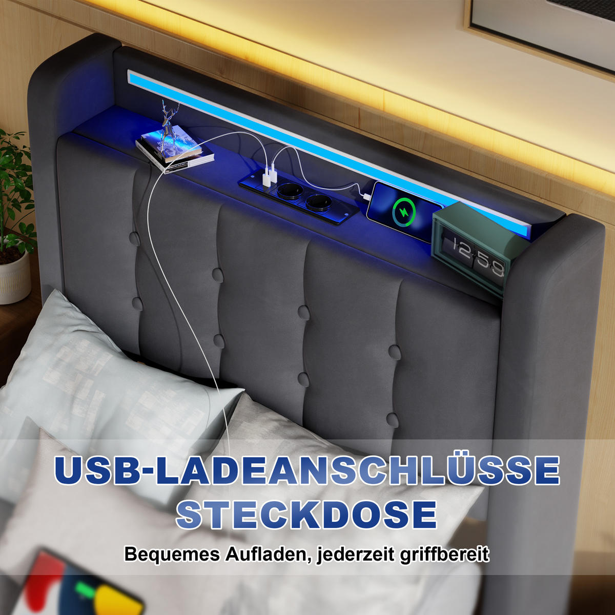 POLSTERBETT 90x200 cm in Dunkelgrau Samt mit Bettkasten, Schubladen und USB/LED-Beleuchtung, Einzelbett - Dunkelgrau, Holzwerkstoff/Textil (90/200cm) - CHICFURN
