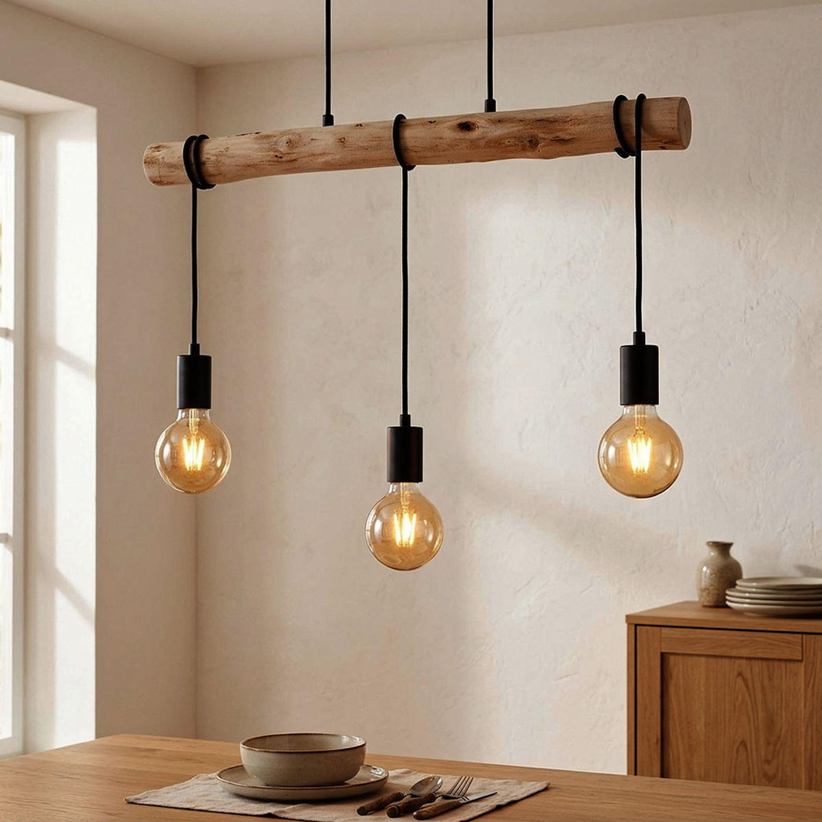 LED PENDELLEUCHTE GREGOR Metall Schwarz, höhenverstellbar - Schwarz, Holz (60/5/120cm) - Globo Lighting