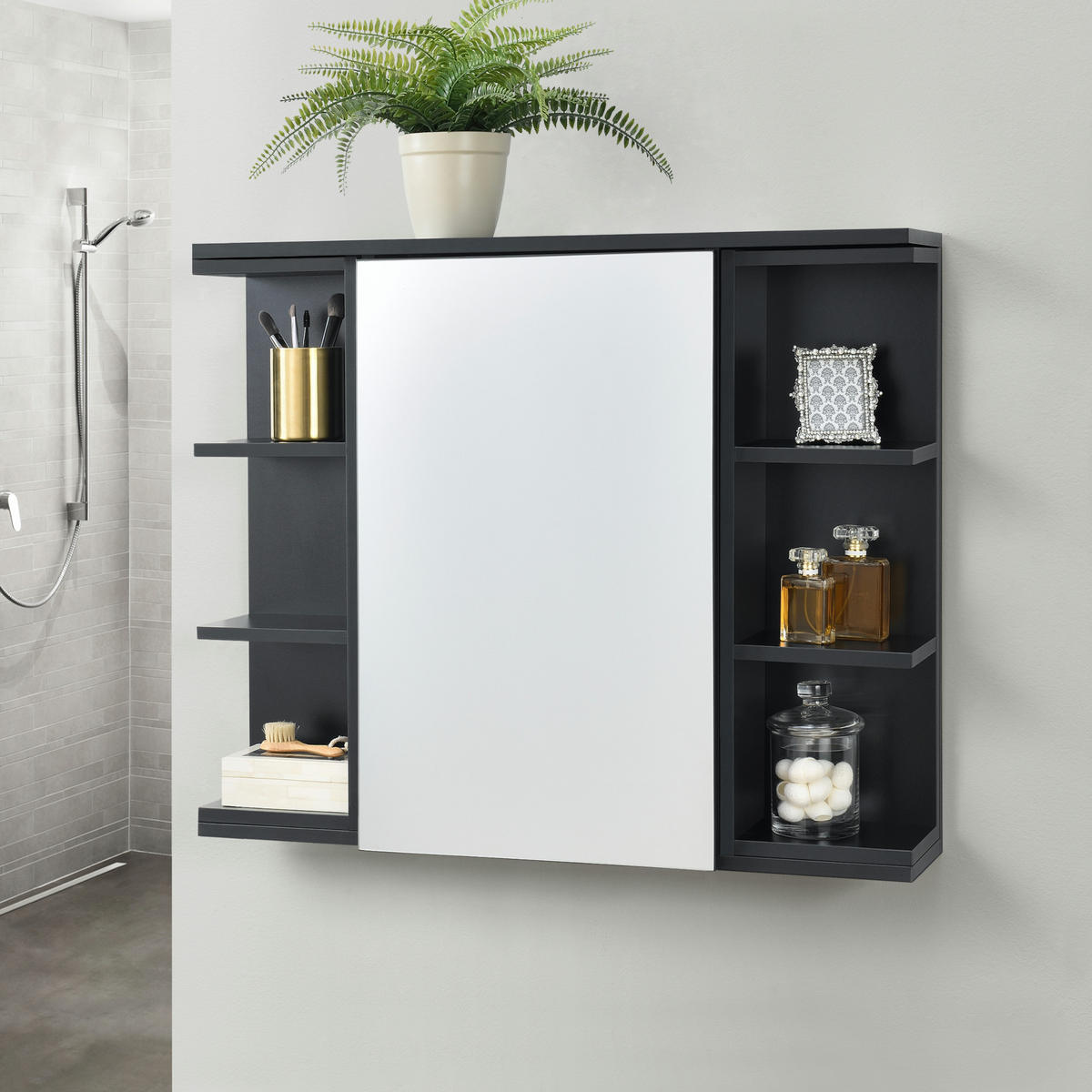 SPIEGELSCHRANK Harstad - Schwarz, Holzwerkstoff (80/64/20cm) - [en.casa]