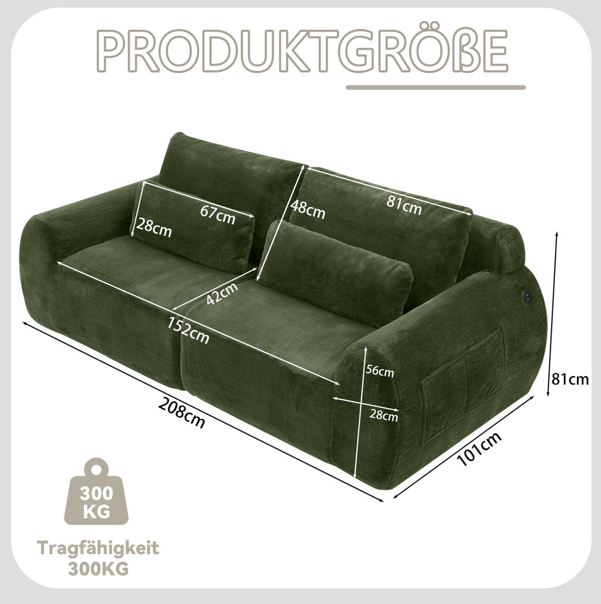 SOFA mit USB-Anschluss 2-Sitzer Green - Grün, Kunststoff (208/81/101cm) - Meubliv