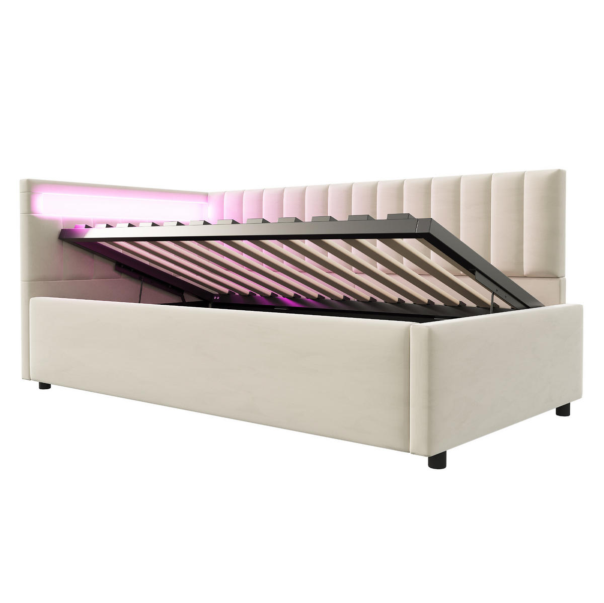 POLSTERBETT 90/200 cm Beige mit LED-Beleuchtung und Stauraum - Beige, Textil (90/200cm) - Flora Grace