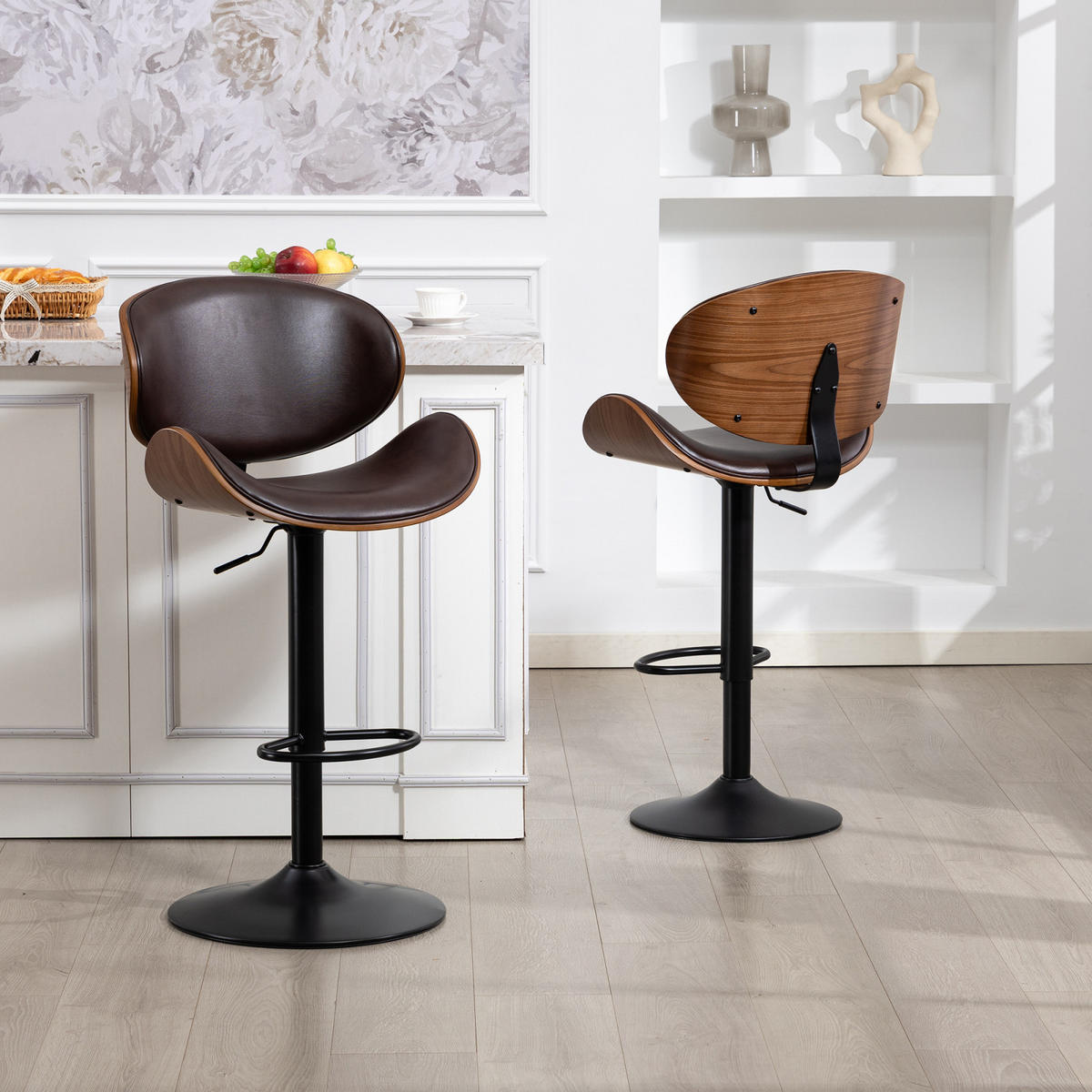 BARHOCKER 2er-Set Drehbar,mit Sitzkissen und Fußstützen Kunstleder Braun - Braun, Textil/Metall (51/93/50cm) - PARAFTA HOME