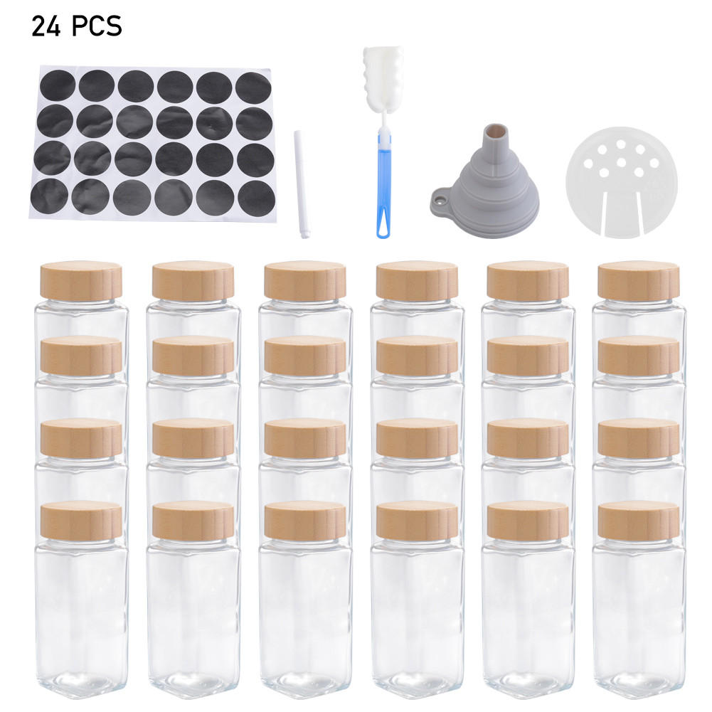 GEWÜRZGLAS-SET 24 Stück mit Bambusdeckel und 120ml Fassungsvermögen Glas/Bambus 4.5/4.5/10.5cm - Transparent, Glas/Holz (4.5/10.5/4.5cm) - Livingandhome