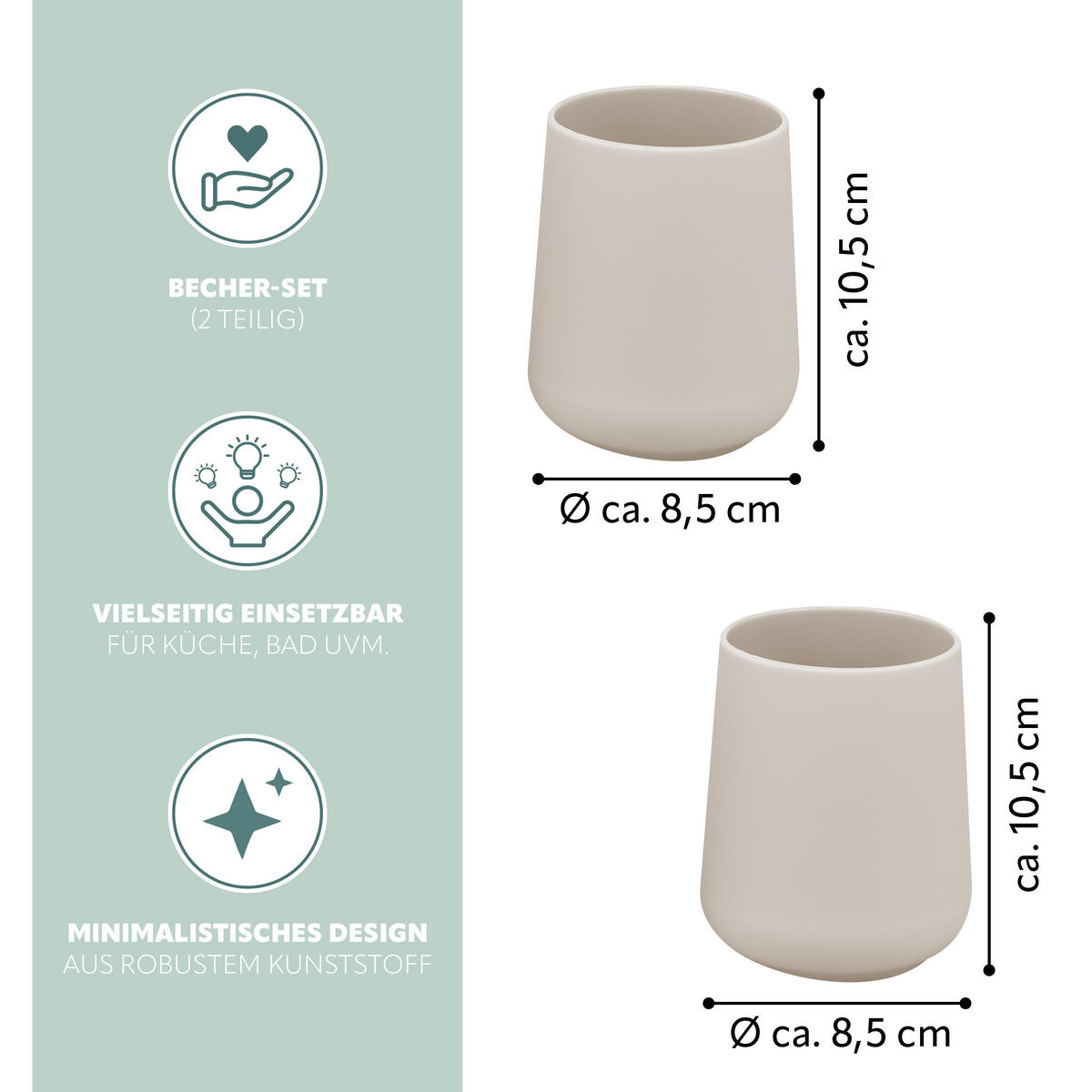 BECHER-SET TESERO 2tlg., Soft-Touch, beige - Beige, Kunststoff (8.5/10.5/8.5cm) - eluno