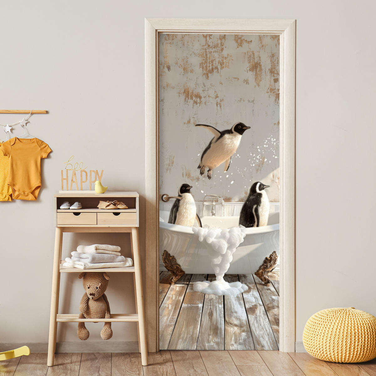 TÜRAUFKLEBER Selbstklebend - Vintage - Pinguin - Badewanne - Schaumstoff 95x235 cm - Türtapete - Hellbraun, Kunststoff (95/0.1cm) - MuchoWow