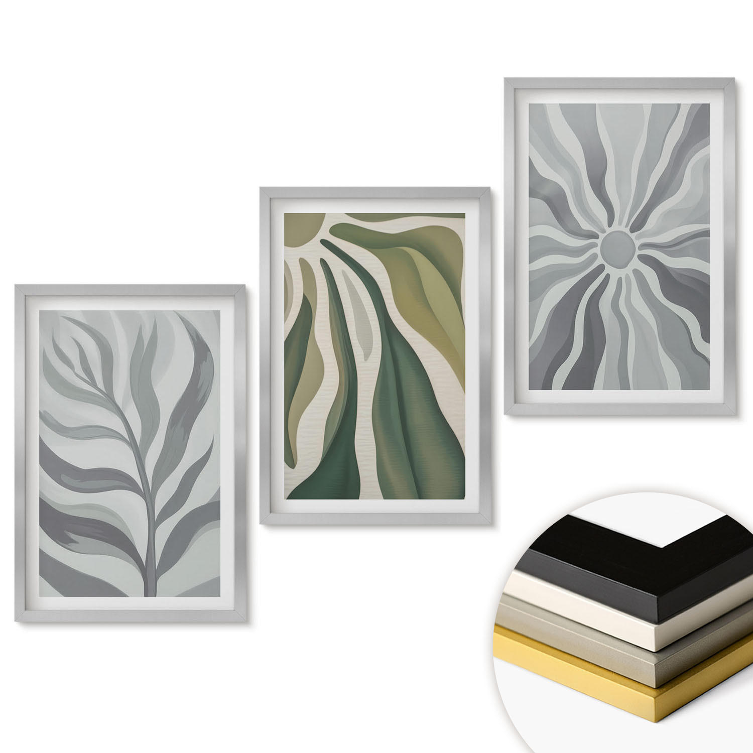 WANDBILDER 3er Set - 40x60 cm Silberner Rahmen - Pflanzenmuster in Grün - Silberfarben, Kunststoff (40/60cm) - ArtPrintCave