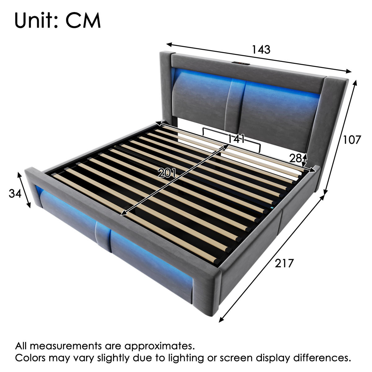 STAURAUMBETT 140/200 cm DE-00324, in Grau, LED - Grau, Metall (140/200cm) - ComfortXL