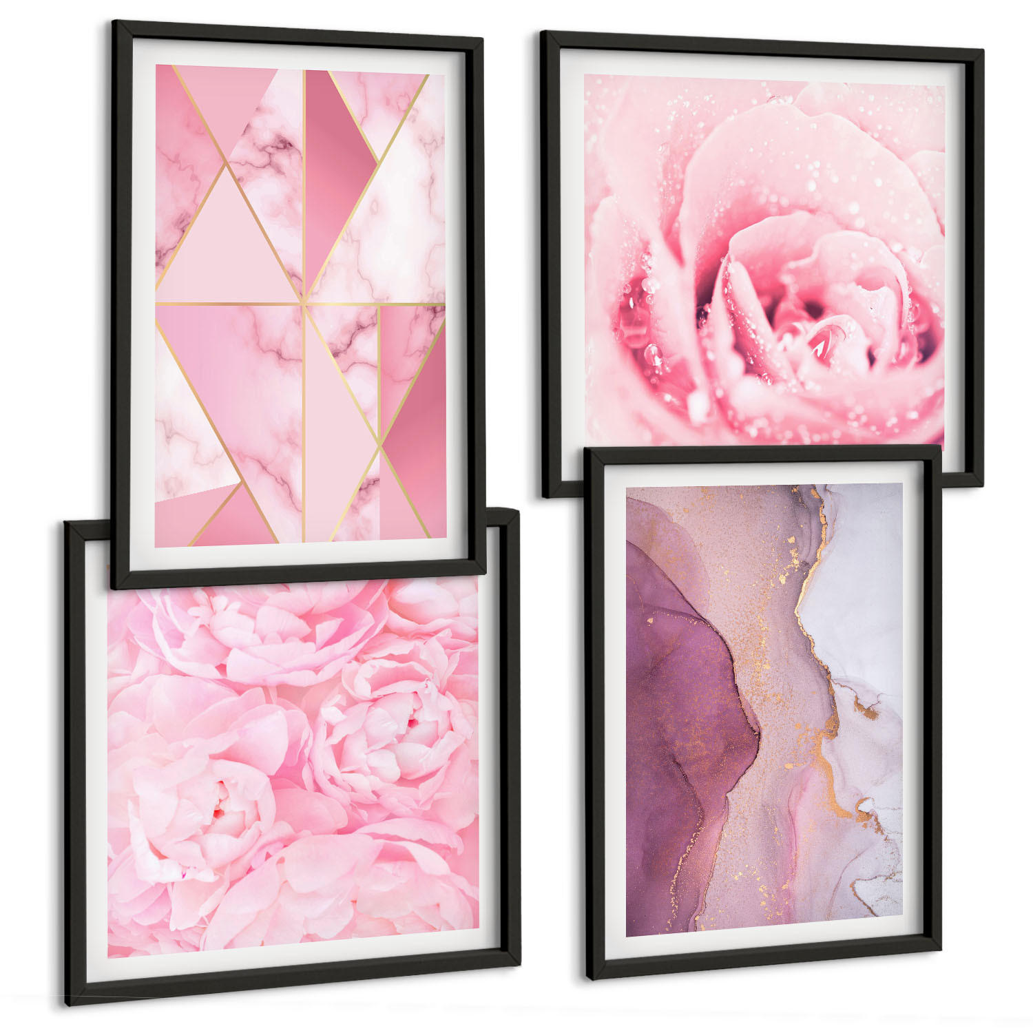 BILDER SET 4er Set - 50x50 cm & 40x60 cm Schwarzer Rahmen - Rosa geometrische Pfingstrosen - Schwarz, Kunststoff (50/50cm) - TULUP