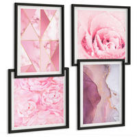 BILDER SET 4er Set - 50x50 cm & 40x60 cm Schwarzer Rahmen - Rosa geometrische Pfingstrosen - Schwarz, Kunststoff (50/50cm) - TULUP