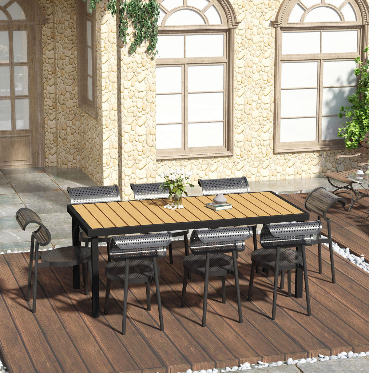 GARTENTISCH aus Aluminium 190x90x74 cm Naturholzoptik mit verstellbaren Fußpolstern - Naturfarben, Metall (190/90/74cm) - Modfu