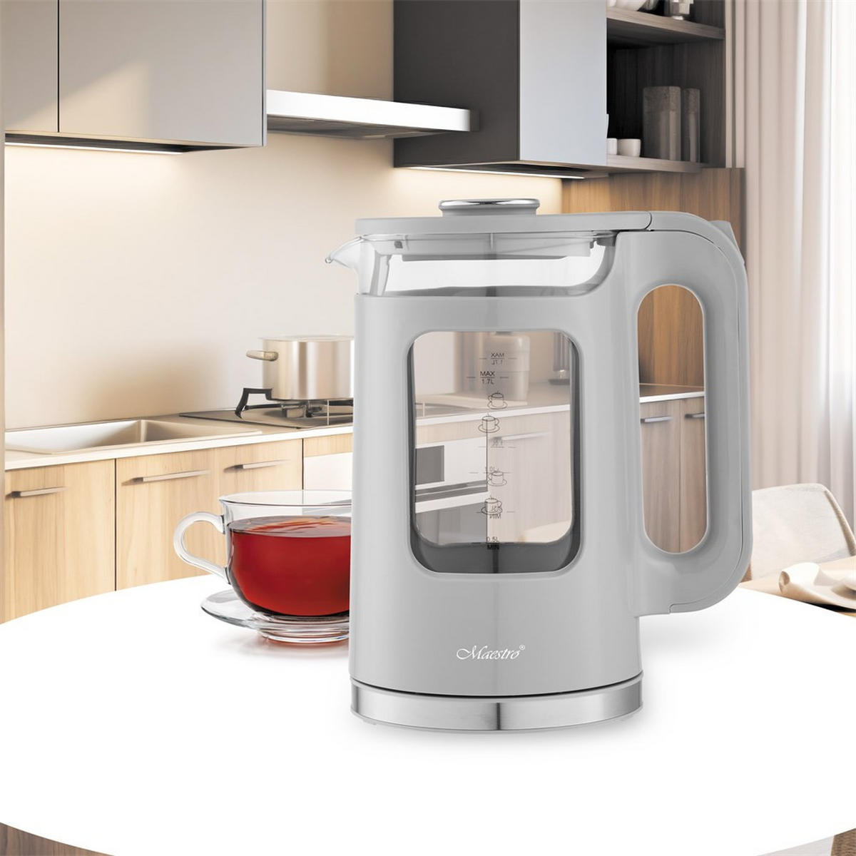 WASSERKOCHER ELEKTRISCH Grau 15/15/26 cm MR065GREY - Grau, Glas (15/26/15cm) - Maestro 