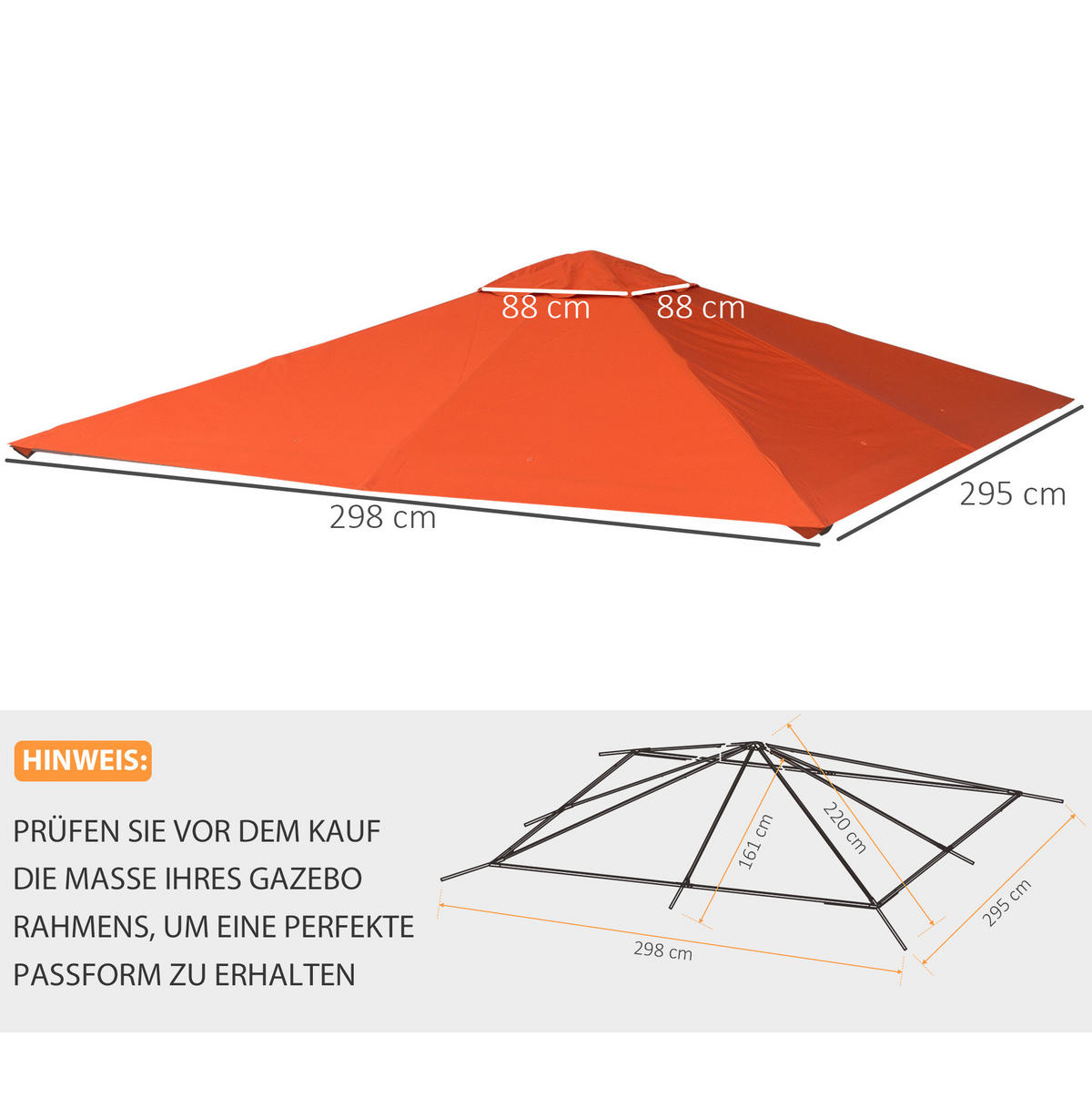 PAVILLON-ERSATZDACH 298/295 cm mit PA-Beschichtung, 8 Entwässerungslöchern und 4 Abspannseilen, Orange - Orange, Textil (295/1/298cm) - Redom