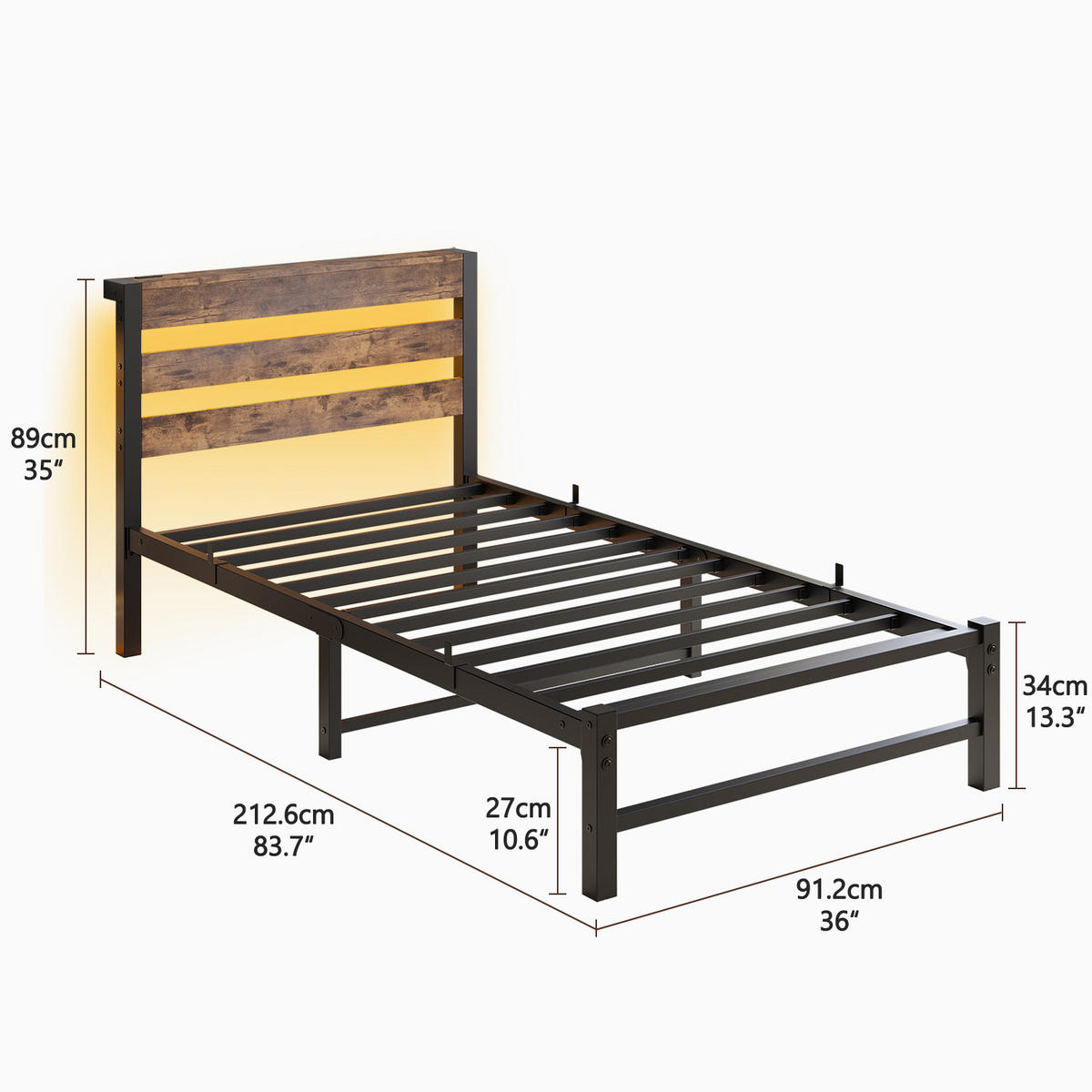 METALLBETT 90/200 cm Braun mit LED-Beleuchtung, USB-Ladestation und Stauraum unter dem Bett - Braun, Metall (90/200cm) - Oxeza