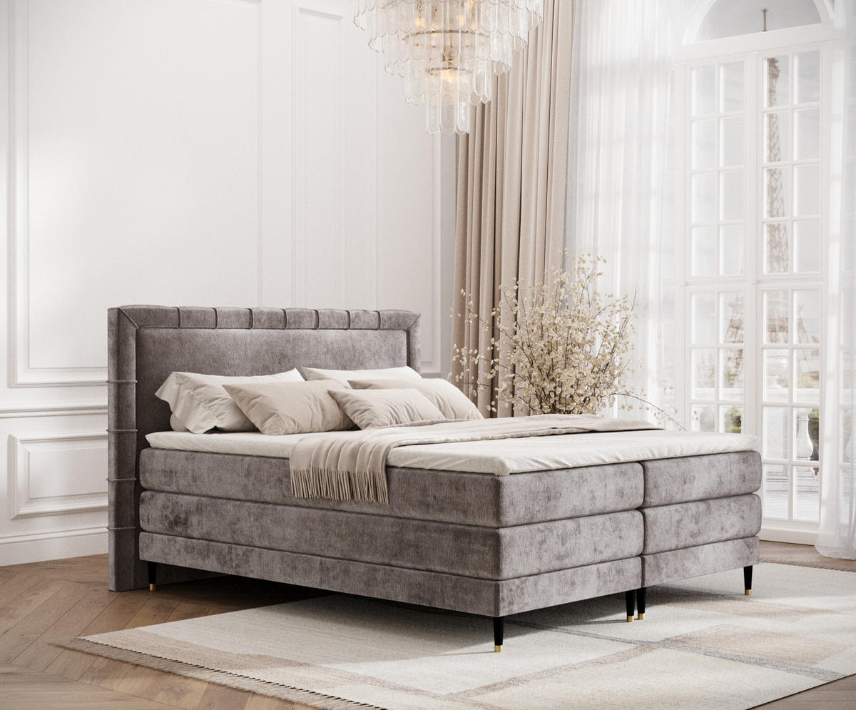BOXSPRINGBETT Rimini Beige 200/200 cm mit Matratze und Topper - Beige/Schwarz, Holz/Holzwerkstoff (200/200cm) - Maison de Reve