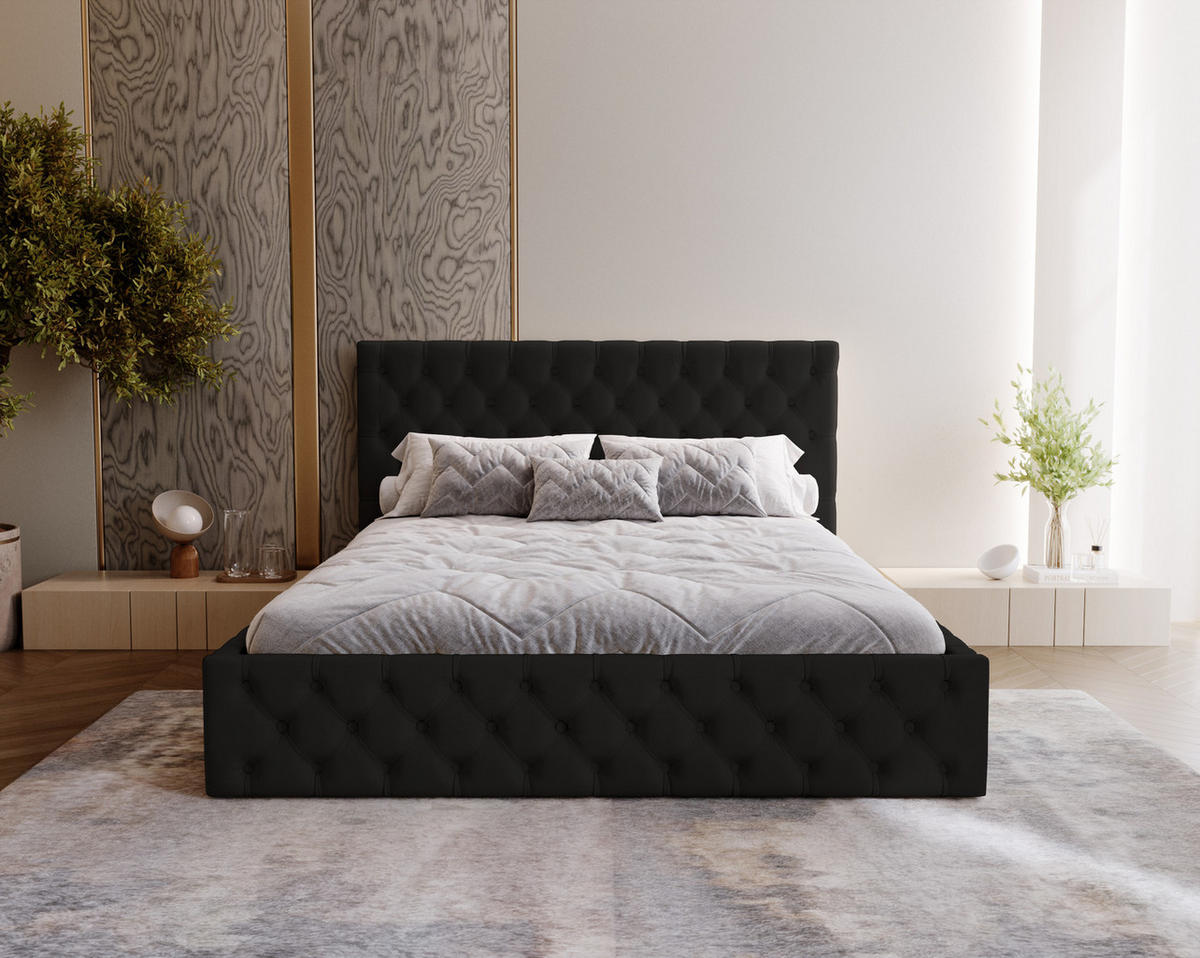 POLSTERBETT 180x200 Verti Slim, Chesterfield, Schwarz - Schwarz, Holz/Textil (180/200cm) - Emporius