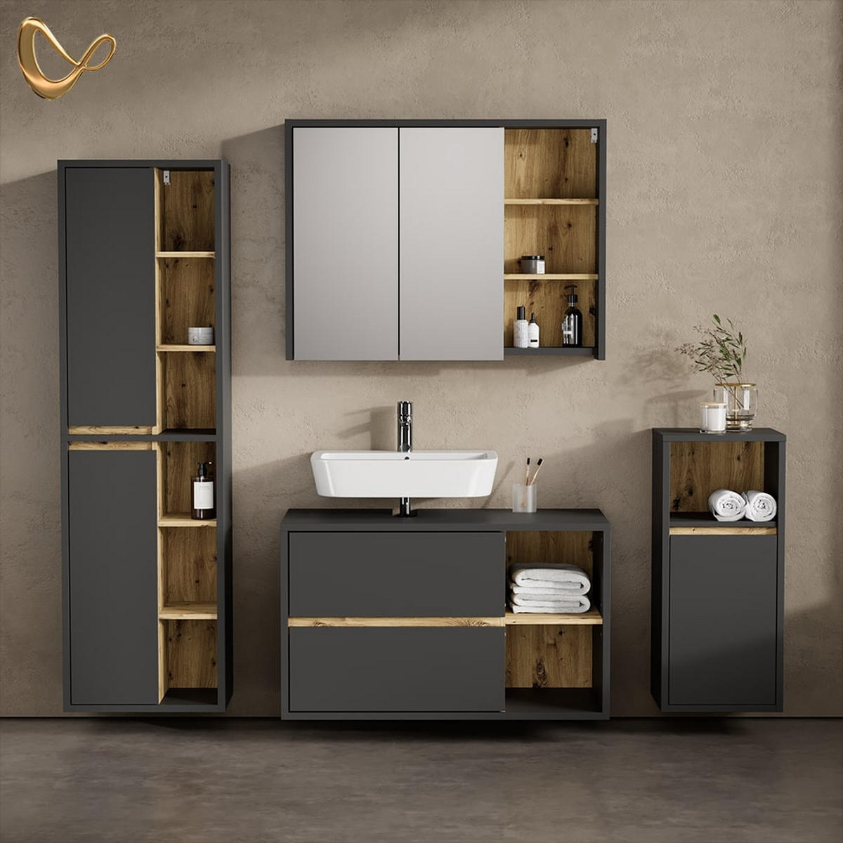 BADMÖBEL-SET Vomano Anthrazit 4 Teile - Eichefarben/Anthrazit, Holzwerkstoff (100/60/45cm) - Livinity®