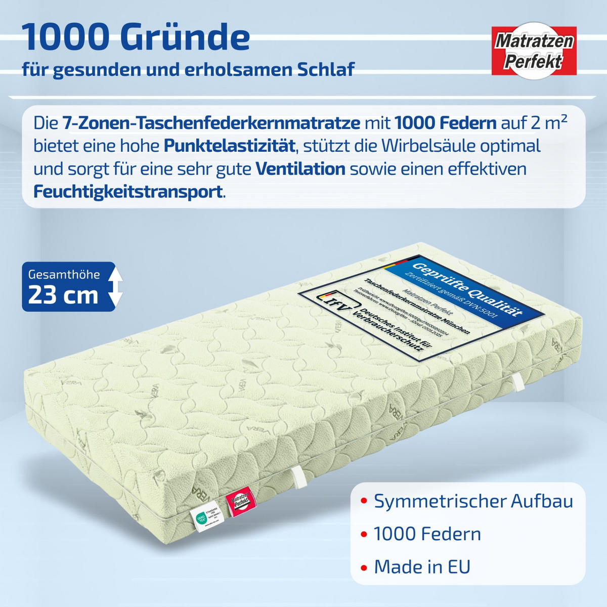 TASCHENFEDERKERNMATRATZE München 100 x 200 cm 23 cm Höhe H2 1000 Federn 7 Zonen - Weiß, Textil (100/200cm) - Matratzen Perfekt