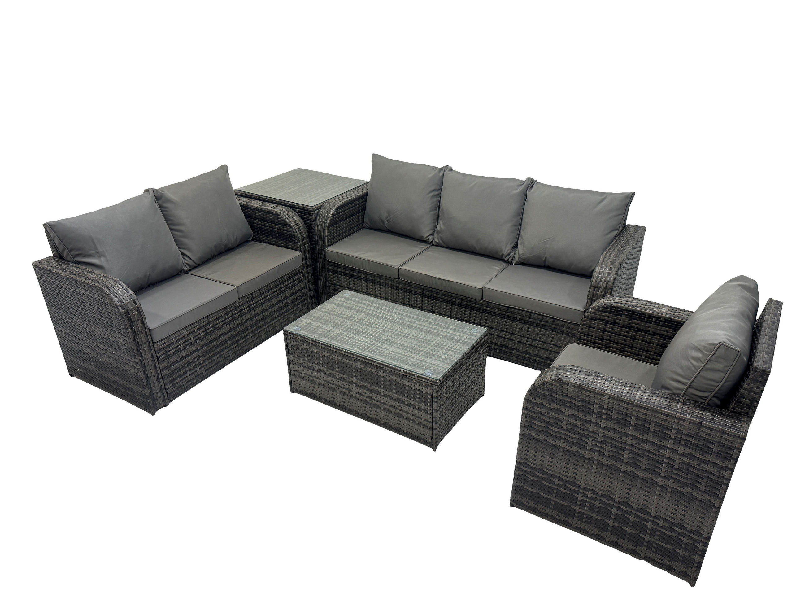 GARTENSET Polyrattan Dunkelgrau 6-Sitzer - Dunkelgrau/Grau, Glas/Kunststoff - Fimous
