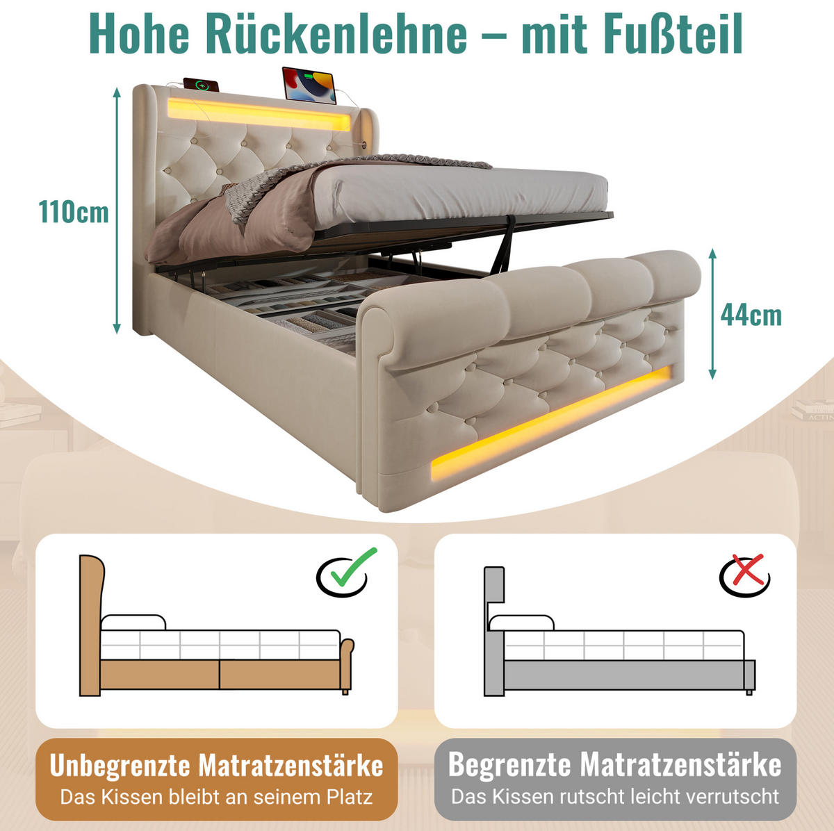 POLSTERBETT 90/200 cm Beige aus Samt mit LED und Stauraum - Beige, Textil (90/200cm) - OKMYHOME