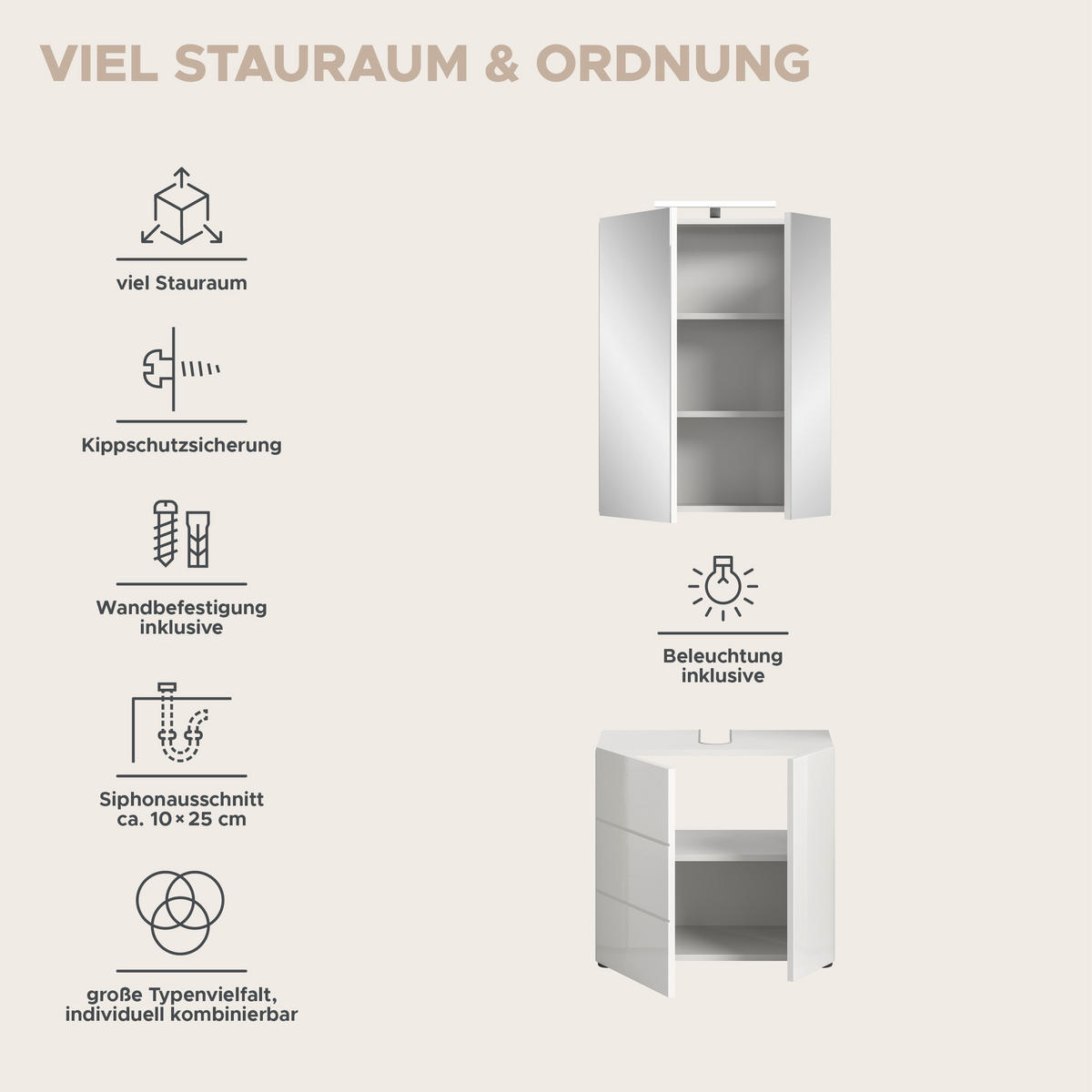 BADMÖBEL Set Vira 2tlg. Bad Kombination , inkl. Beleuchtung (B/H/T: 60x190x34 cm) - Weiß, Holz (60/190/34cm)