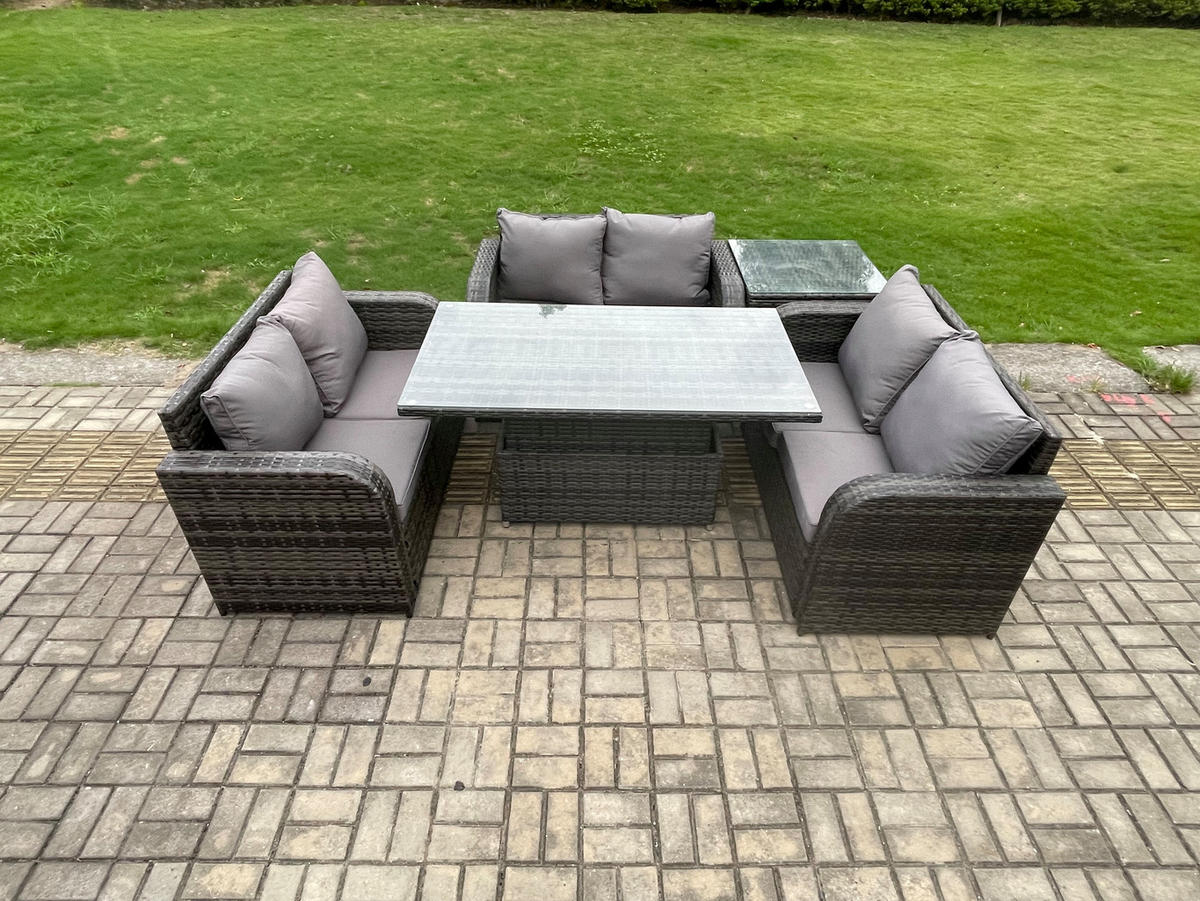 GARTENSOFA SET Polyrattan Dunkelgrau 6-Sitzer - Dunkelgrau, Metall - Fimous