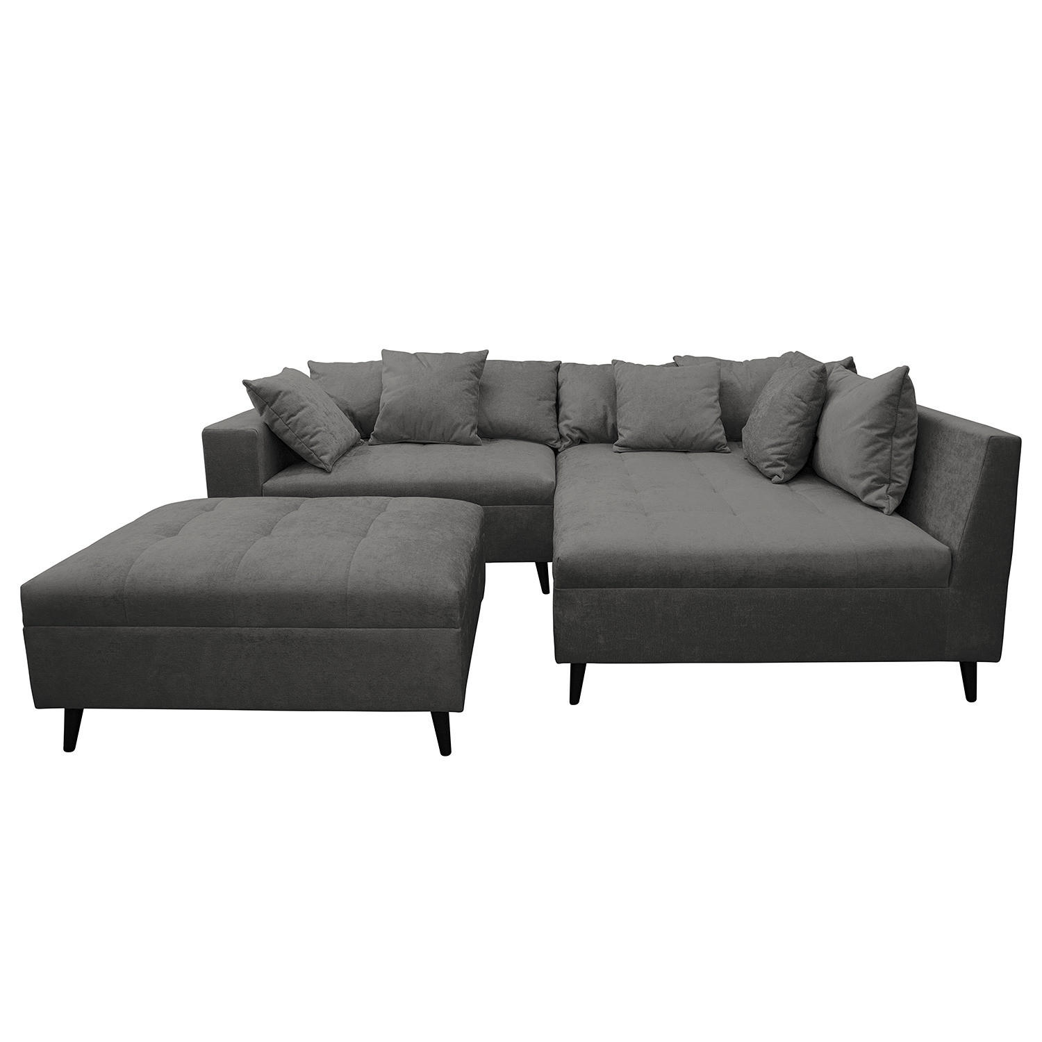 ECKSOFA mit Ottomane und Hocker - Schwarz/Grau, Birkenholz/Textil (247/174cm) - home24