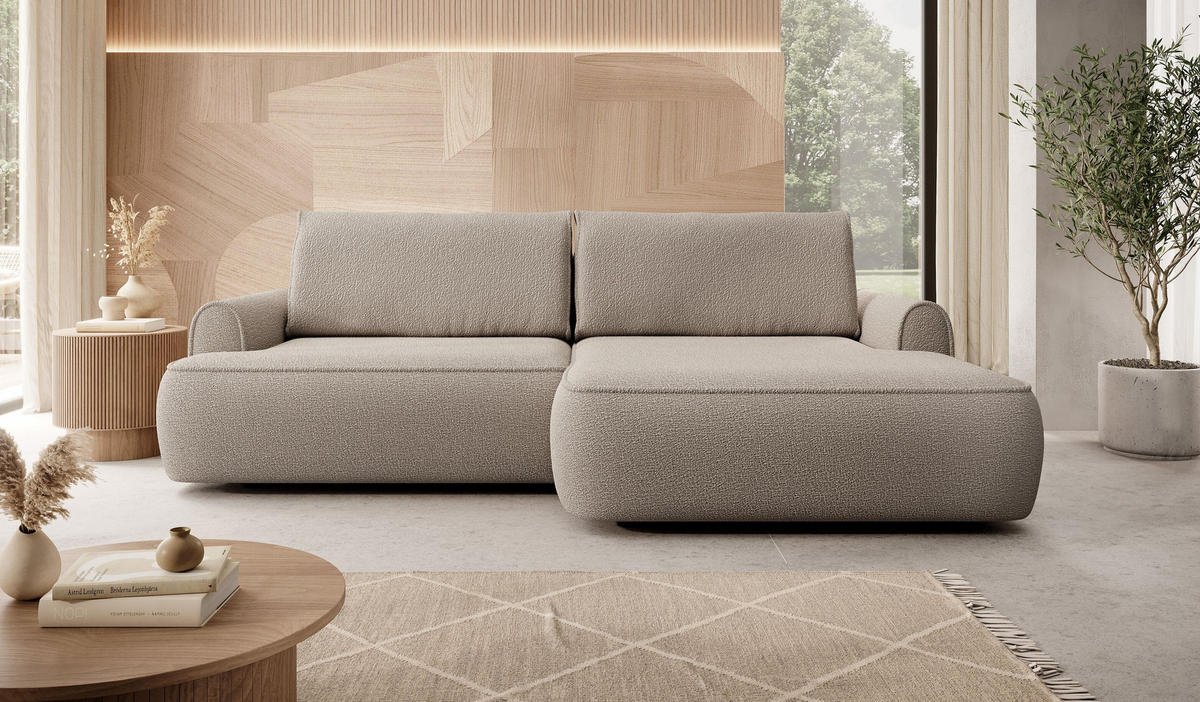 ECKSOFA MARE Beige Boucle-Stoff mit Schlaffunktion - Beige, Holz (250/146cm) - MASSENO