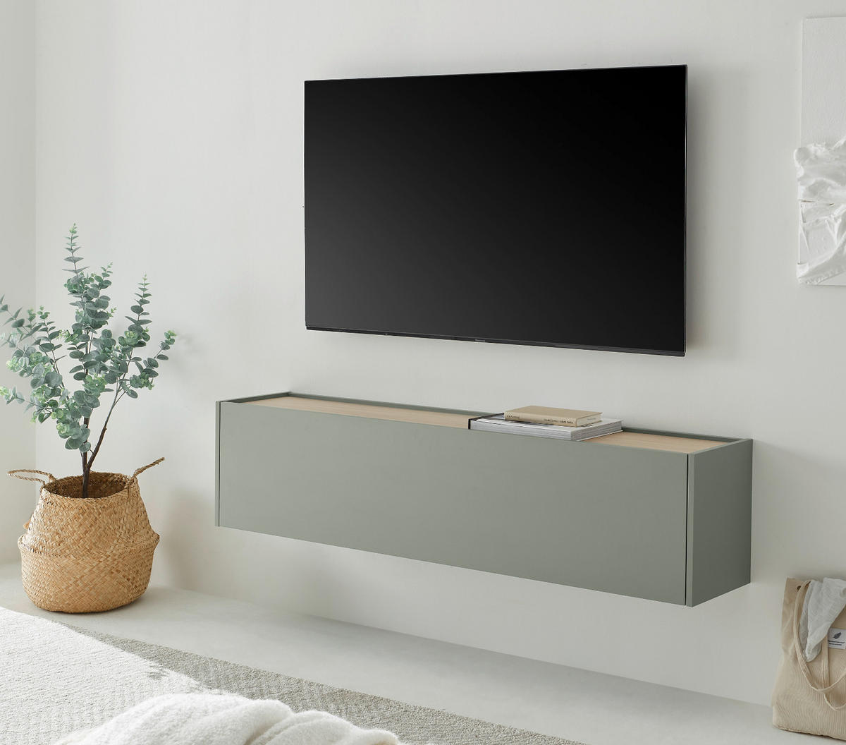 TV-LOWBOARD in Salbei Grün mit Eiche, Hängeschrank mit Stauraum, 150 cm - Salbeigrün/Eichefarben, Holz/Holzwerkstoff (150/35/30cm) - Furn.Design