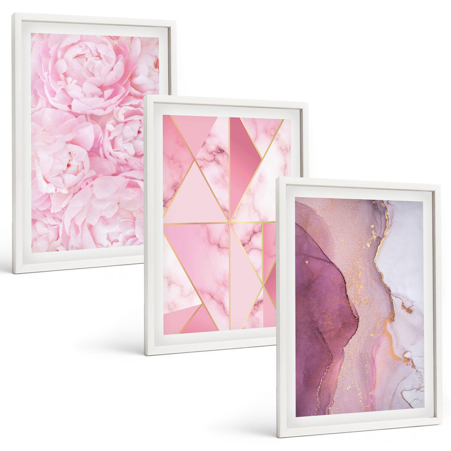 BILDER SET 3er Set - 40x60 cm Weißer Rahmen - Rosa geometrische Pfingstrosen - Weiß, Kunststoff (40/60cm) - TULUP