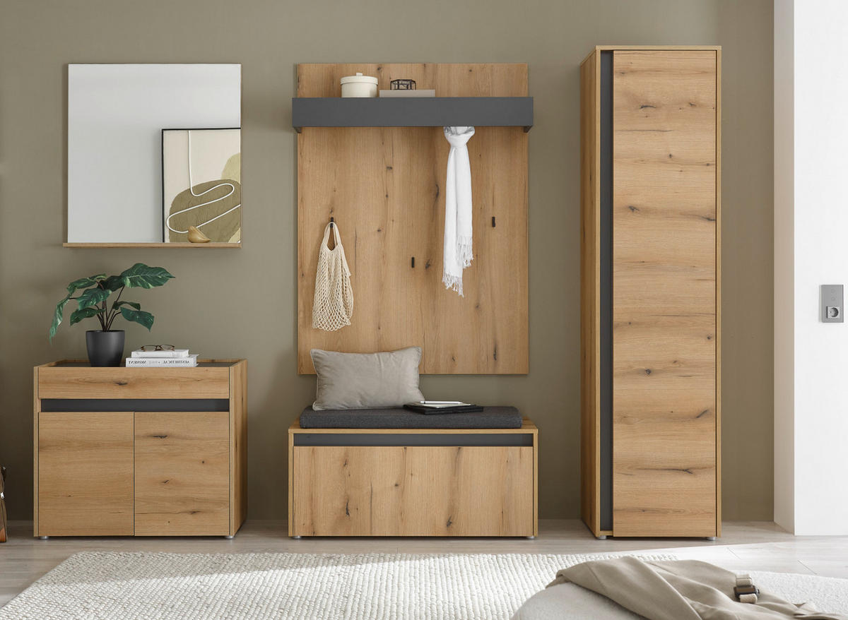 GARDEROBEN-SET Evoke Eiche, grau 6-teilig 260 cm, Garderobenkombination viel Stauraum - Eichefarben/Schwarz, Glas/Holzwerkstoff (260/200/40cm) - Furn.Design