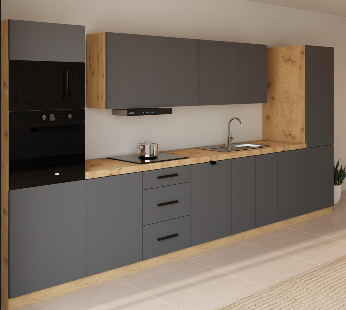 KÜCHENZEILE 440 cm - Langen KL7-M440 in Grau/Matt - Grau, Holz/Metall (440/212/58cm)