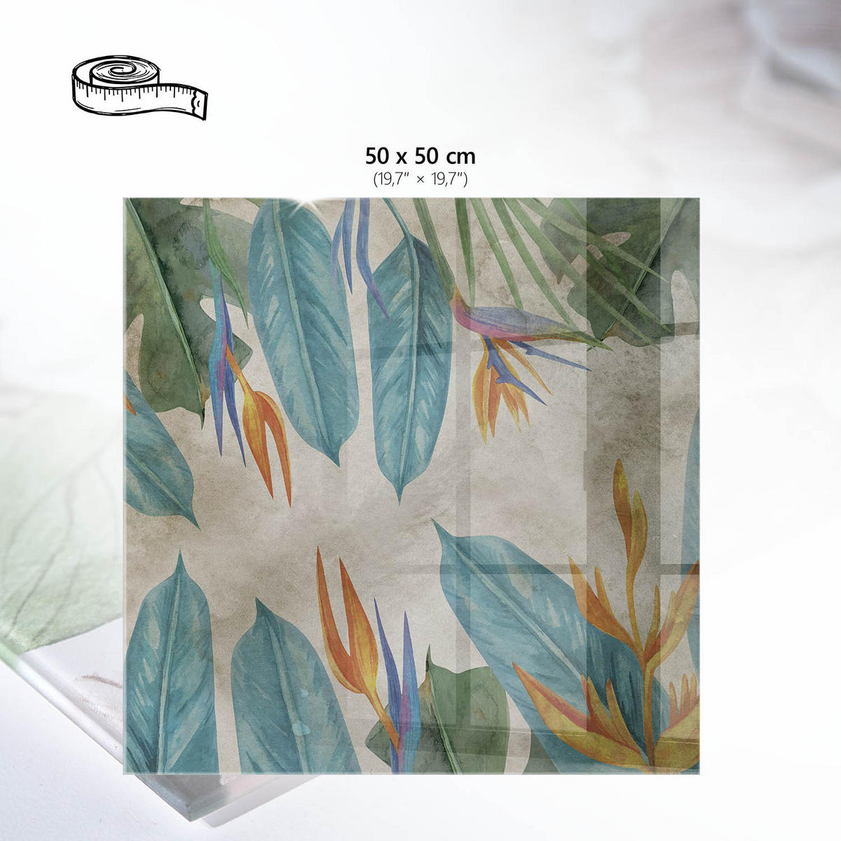 TISCHPLATTE 50x50 cm – Tropische Flora - Grau, Glas (50/50/0.4cm) - Wallfluent