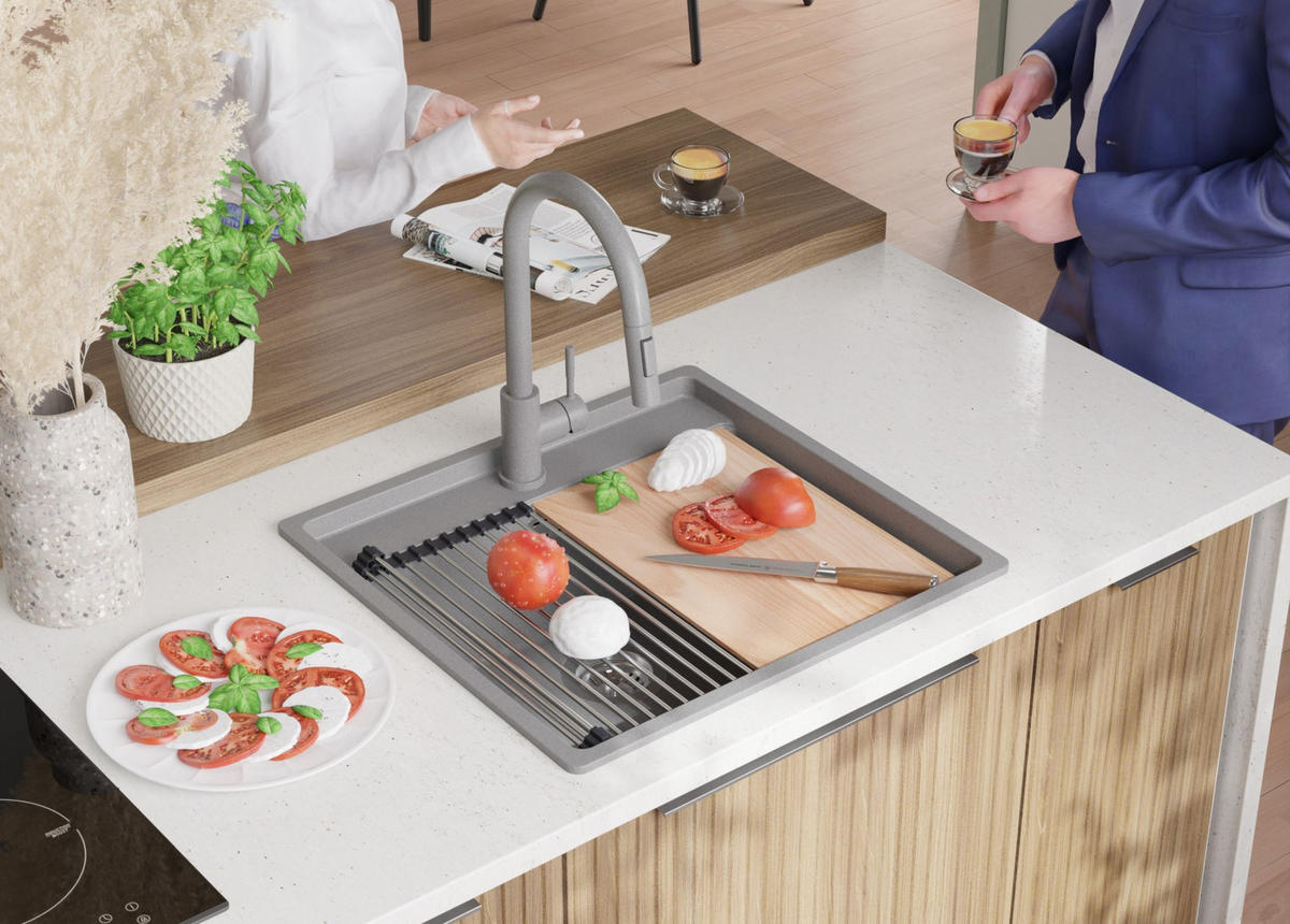 GRANITSPÜLE Bergen, 2-er set Grau 56/53 cm 1 Becken + Küchenarmatur 32/20 cm + Ablauf-Set + Schneidebrett ab 60er Unterschrank - Chromfarben/Beige, Kunststoff (56/20/53cm) - Primagran