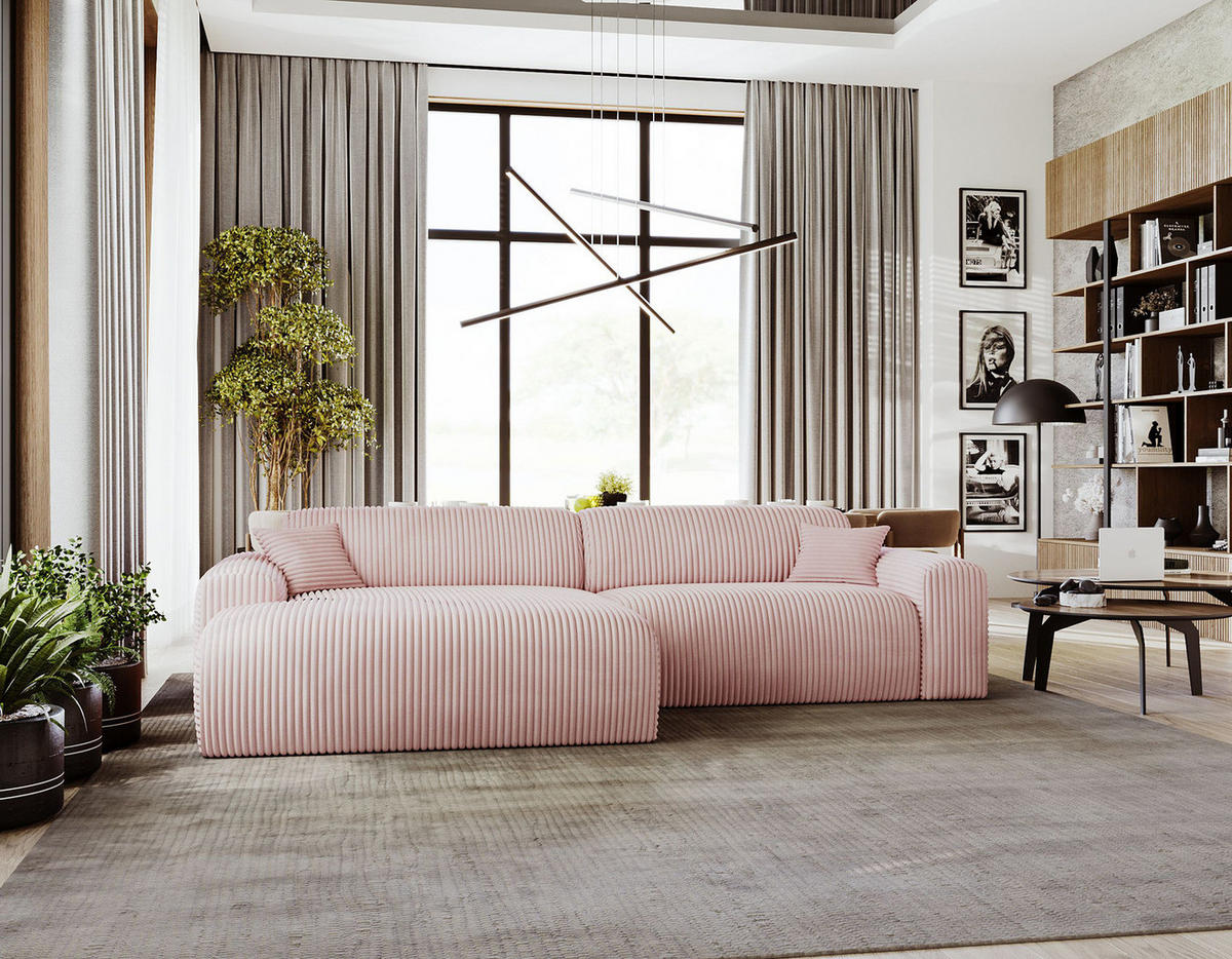 ECKSOFA mit Longchair - Cord - Schwarz/Altrosa, Kunststoff/Textil (284/178cm) - home24