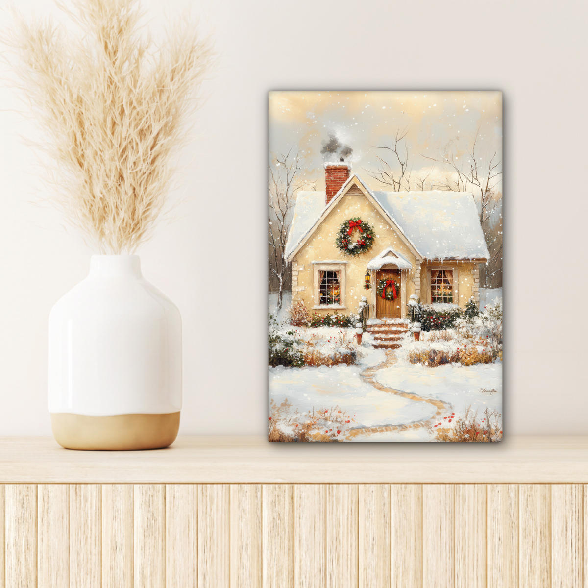 LEINWANDBILD Weihnachten - Zuhause - Winter - Schnee 20x30 cm - Creme, Textil (20/30cm) - MuchoWow