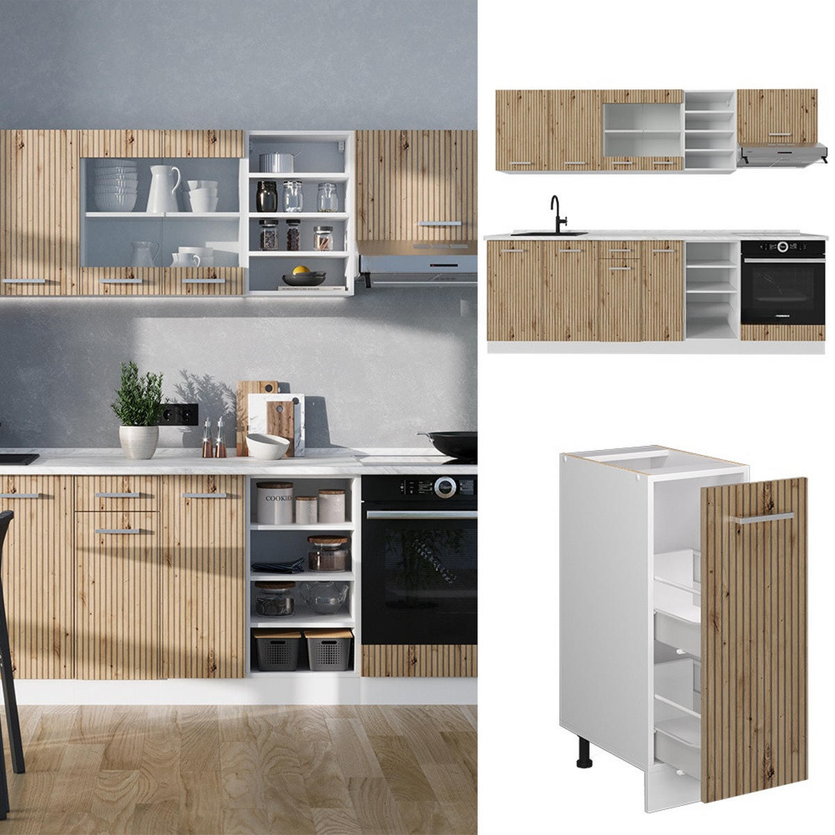KUHINJSKI BLOK R-Line Artisan hrast/bela 240 cm , DP Antracit - bela/hrast artisan, leseni material (240/206.8/60cm) - Vicco