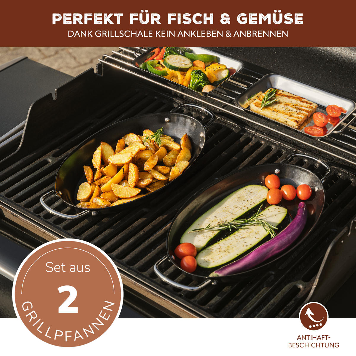 FISCH-GRILLPFANNE 2er-Set, schwarz, Metall - Schwarz, Metall (39.5/3.5/20.5cm) - bremermann