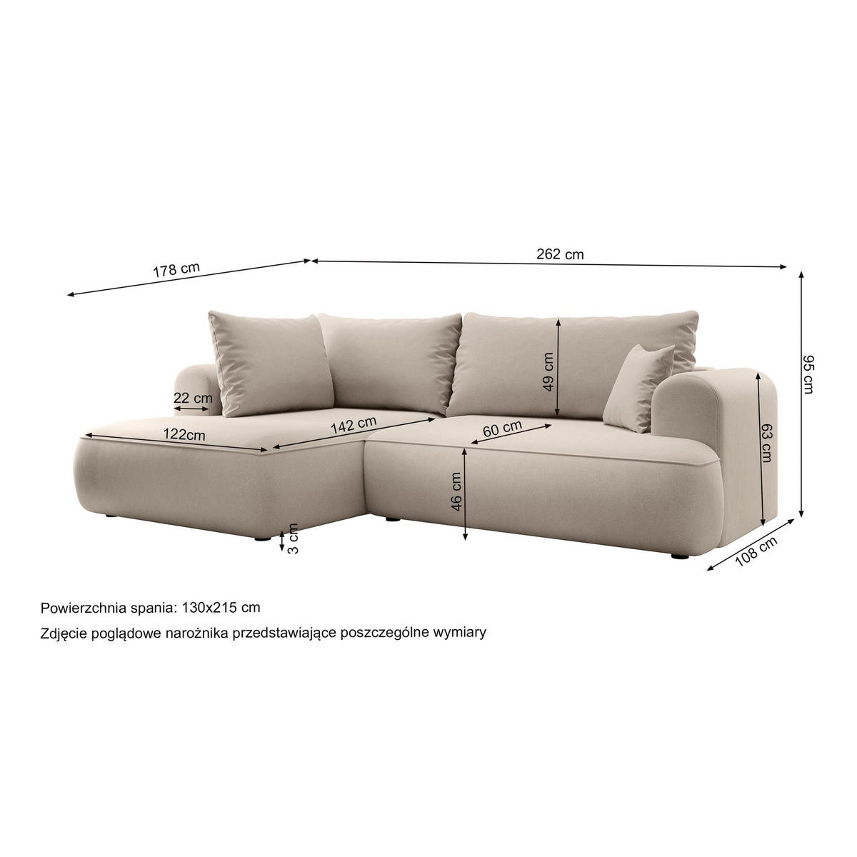 ECKSOFA Ovo Hellbeige Samt - Beige/Schwarz, Kunststoff/Textil (165/260cm) - Selsey