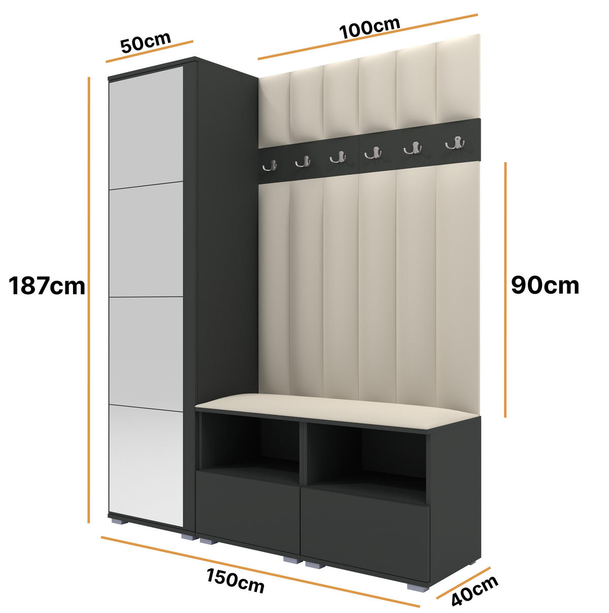 GEPOLSTERT Garderoben-Set Nela II LUX (Spiegel – Farbe Graphit + Stoff Trinity 01) - Silberfarben/Creme, Holz/Holzwerkstoff (150/187/40cm) - Ravio