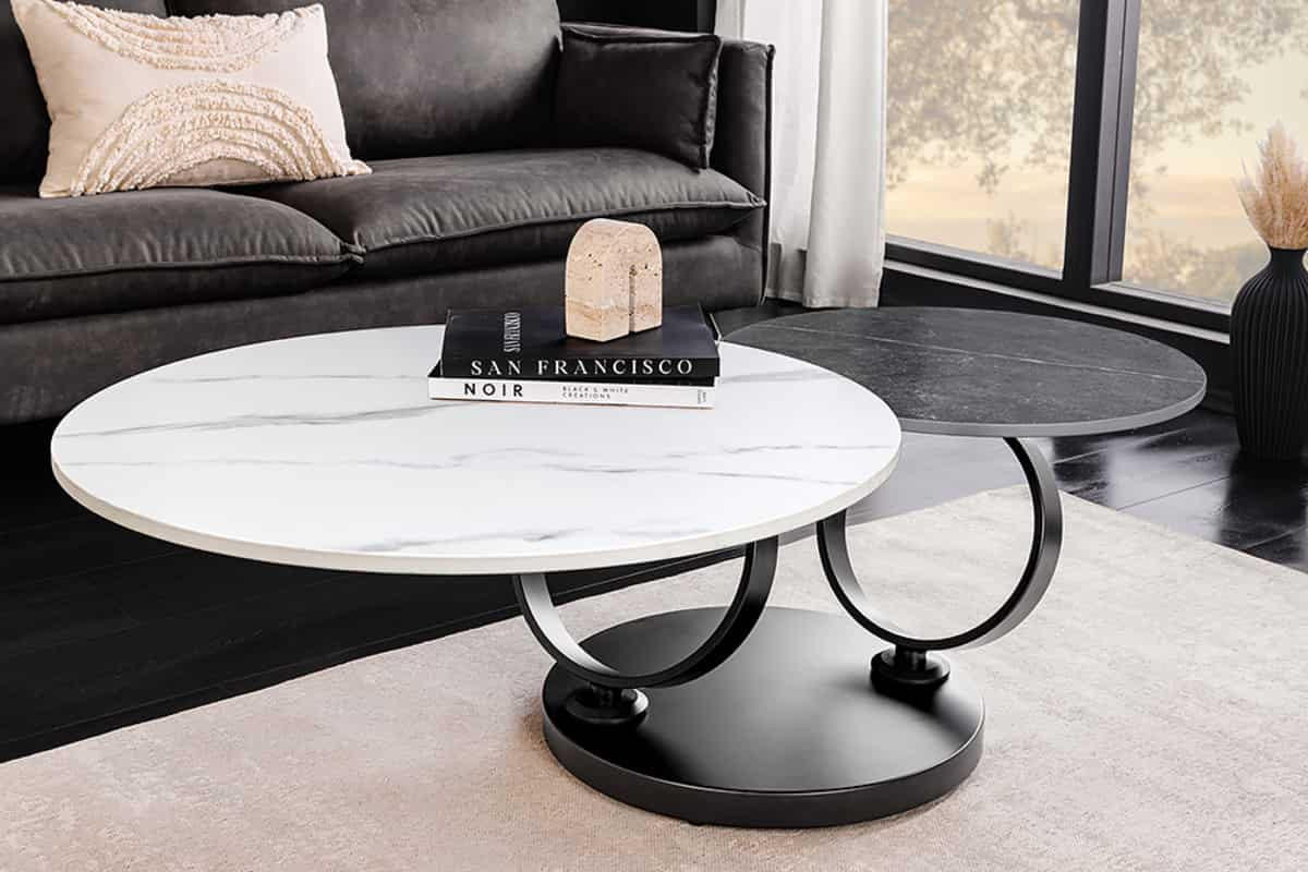 COUCHTISCH DANCING RINGS Marmor rund Grau|Weiß 80cm - Schwarz/Weiß, Keramik/Metall (80/80/44cm) - riess-ambiente