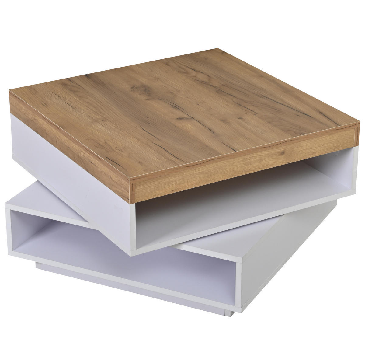 COUCHTISCH 65/65/40 cm mit 360° drehbarer Tischplatte, LED-Beleuchtung und offener Ablage, Weiß/Holzton - Weiß, Holzwerkstoff (65/65/40cm) - Redom