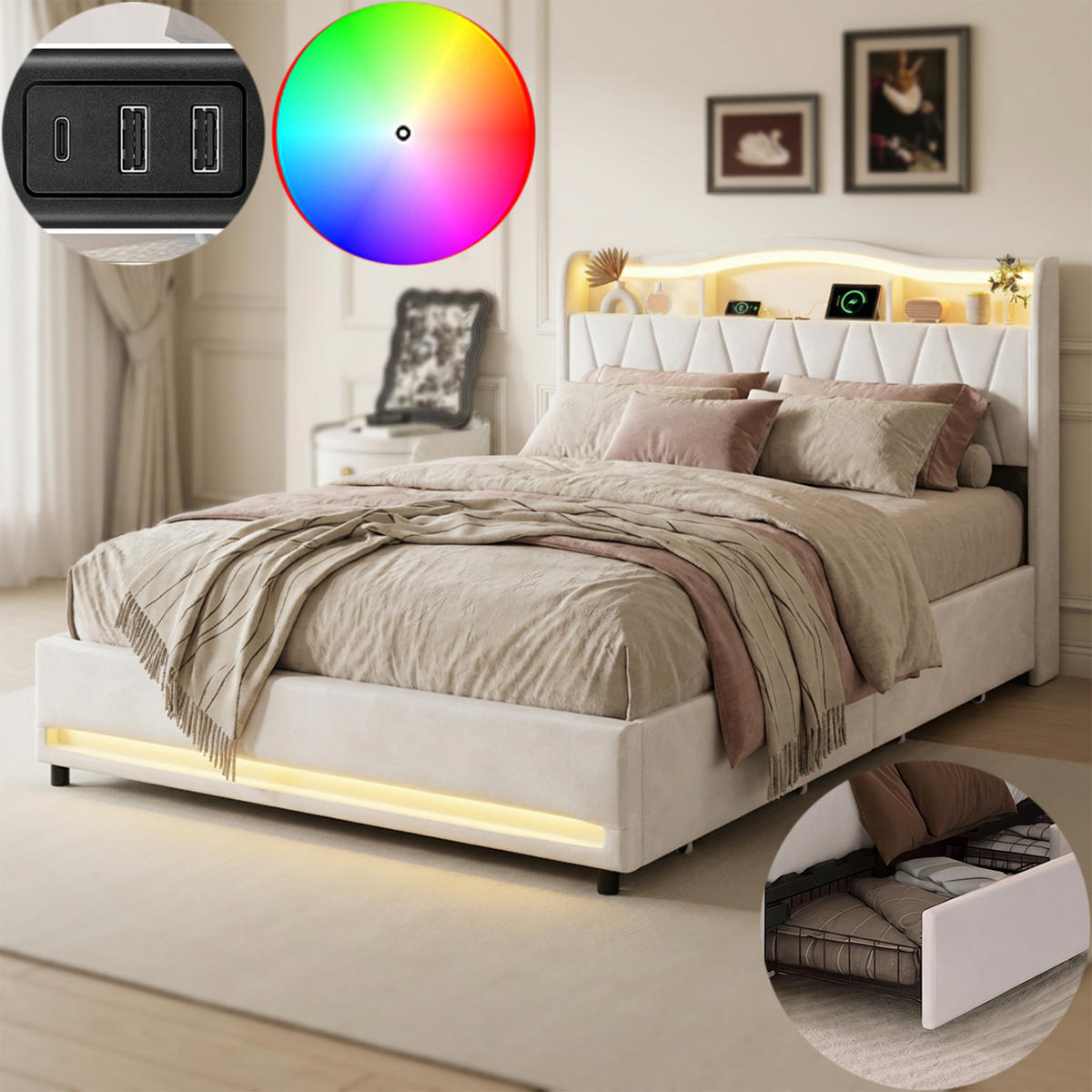 POLSTERBETT 160x200 mit stauraum, doppelbett mit LED, 4 Schubladen, Lattenrost, USB, Kopfteil, Samtstoff, Beige - Beige, Holz/Textil (160/200cm) - GENKI LIVING