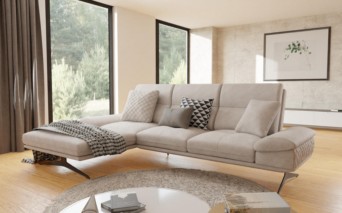 ECKSOFA Loris Beige Samt - Ottomane links - Beige/Schwarz, Holz/Textil (294/175cm) - S-Style Möbel
