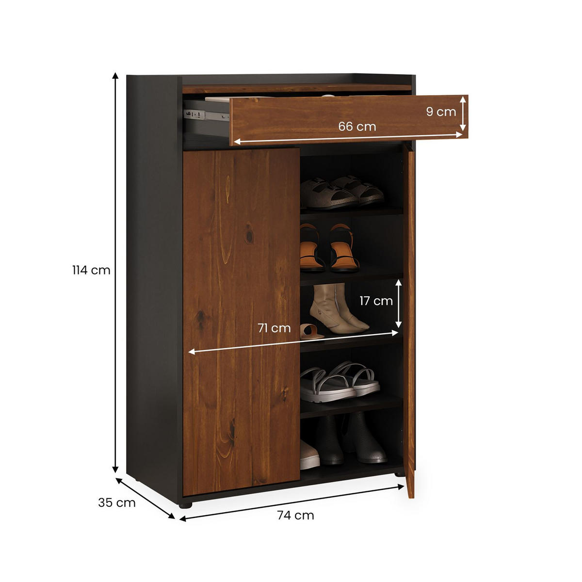 SCHUHSCHRANK TILO schwarz/Kastanie - Kastanienfarben/Schwarz, Holz (74/114/35cm) - IDIMEX