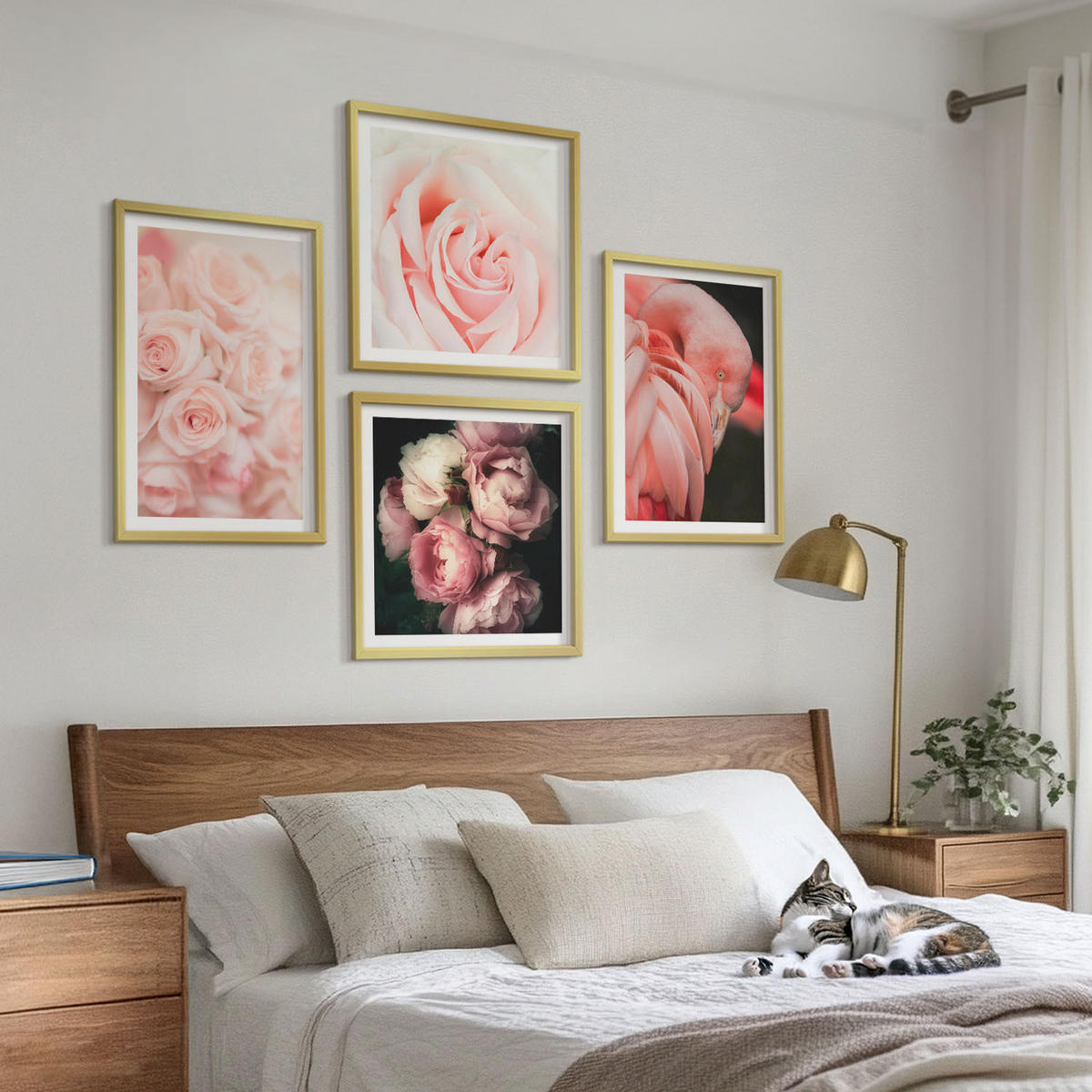 WANDBILDER 4er Set - 50x50 cm & 40x60 cm Goldrahmen - Pastellrosa Flamingos - Goldfarben, Kunststoff (50/50cm) - ArtPrintCave
