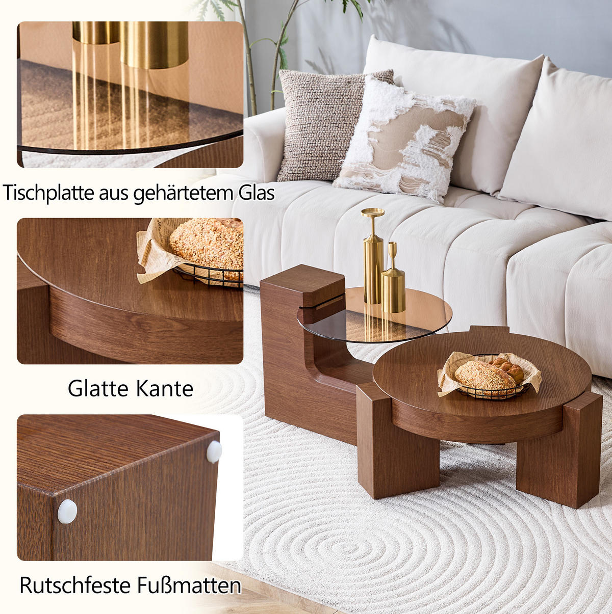 COUCHTISCH aus MDF und Glas Ø61x30 cm in Nussbaumoptik mit 2 Ebenen - Walnussfarben, Holzwerkstoff (61/61/30cm) - Modfu